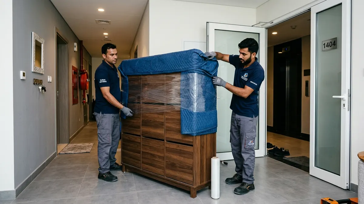 How to Dispose of an Old Shoe Cabinet & Hallway Racks in Dubai: Humid Warping, Narrow Corridors and Building Chute Fines Professional uniformed moving crew wrapping a large wooden shoe storage cabinet in an apartment entrance in Dubai