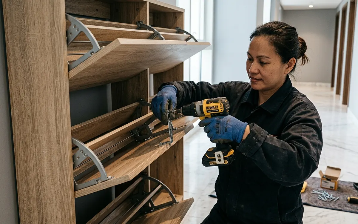 Technician releasing hardware from a wooden mirrored furniture cabinet before collection