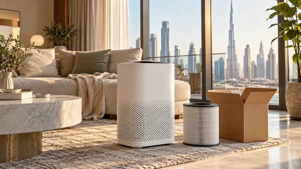 How to Dispose of an Air Purifier in Dubai: Filters, Motors and E-Waste Used white air purifier and replacement filter beside a collection box in a sunlit Dubai apartment