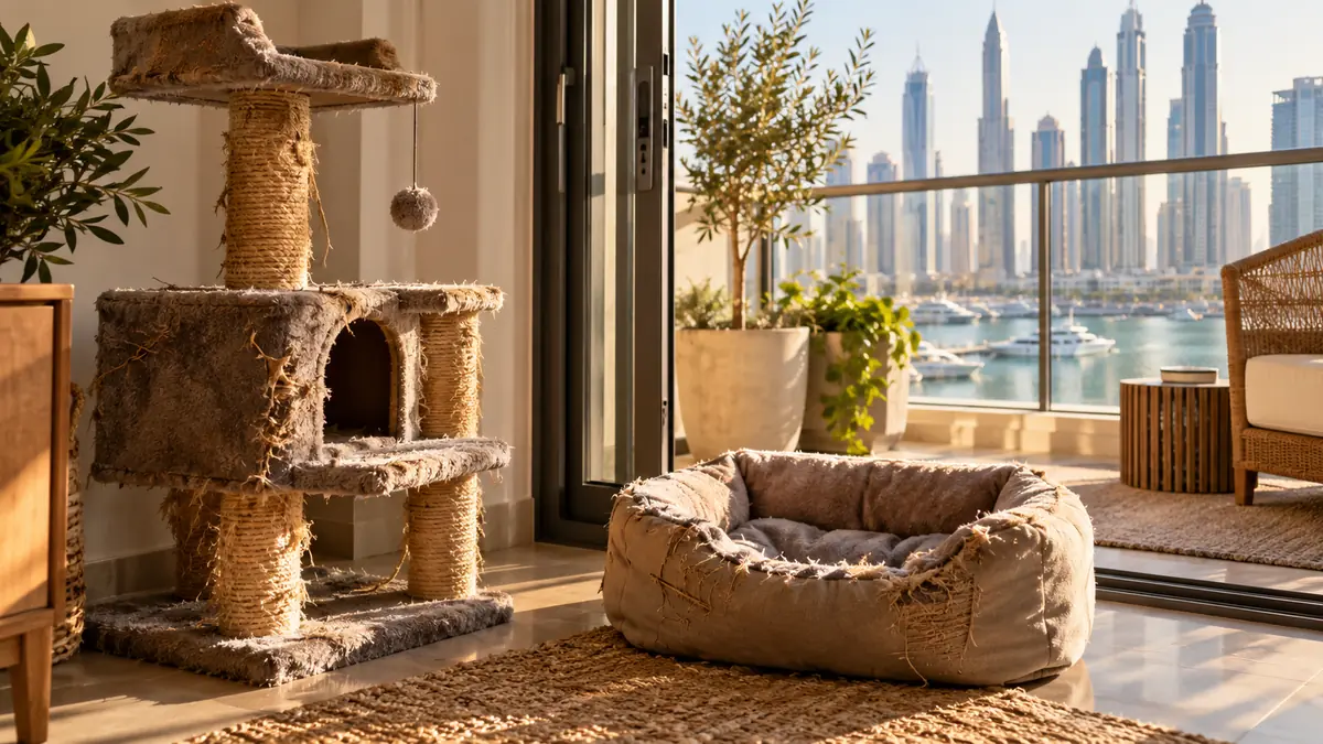 How to Dispose of a Cat Tree and Pet Bed in Dubai: Hygiene, Reuse and Bulky Pickup Worn cat tree and frayed pet bed beside the balcony door of a Dubai apartment