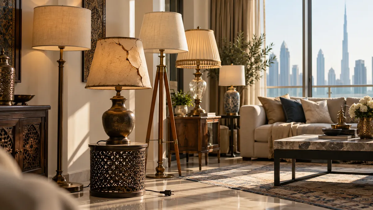How to Dispose of Old Table and Floor Lamps in Dubai: Bulbs, Cords and Mixed Materials Old table and floor lamps with a cracked shade and unplugged cord in a Dubai living room