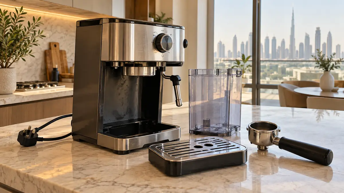 How to Dispose of a Coffee Machine in Dubai: Boilers, Grounds and E-Waste Unplugged espresso machine with an empty tank, drip tray and portafilter on a Dubai kitchen counter