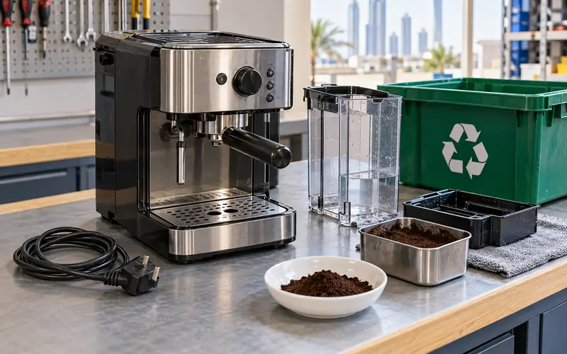 Retired espresso machine with drained tank, dry coffee grounds and coiled lead prepared for e-waste collection