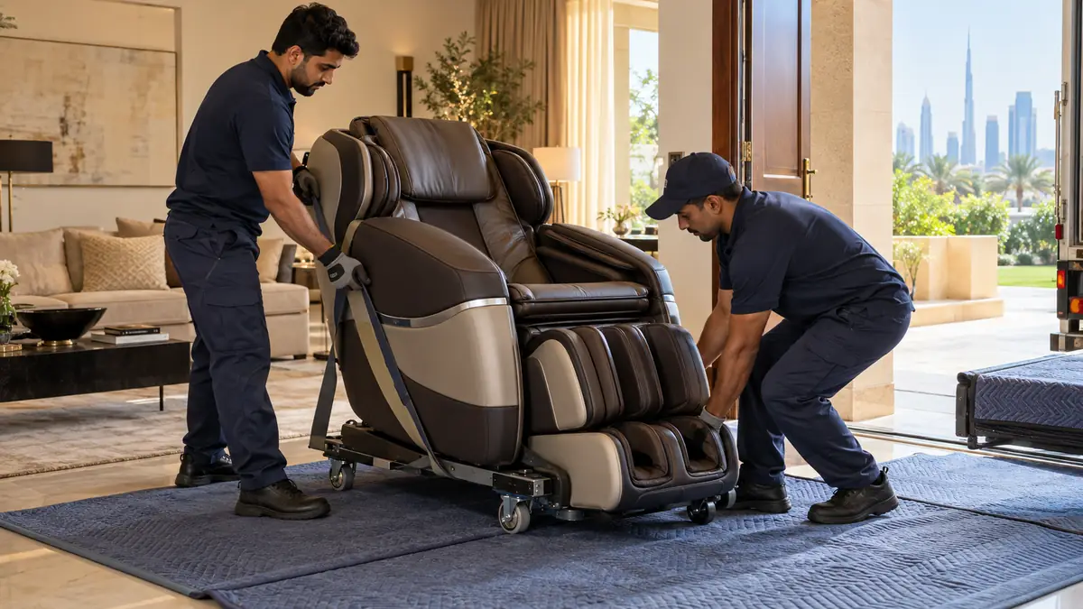 How to Dispose of a Massage Chair in Dubai: Weight, Motors and Lift Access Two uniformed crew members securing a motorized massage chair on a dolly inside a Dubai villa