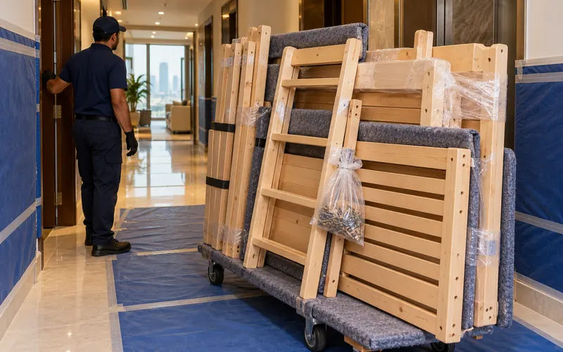 Labelled bunk bed rails, ladder and slats wrapped on a trolley in a protected Dubai apartment corridor