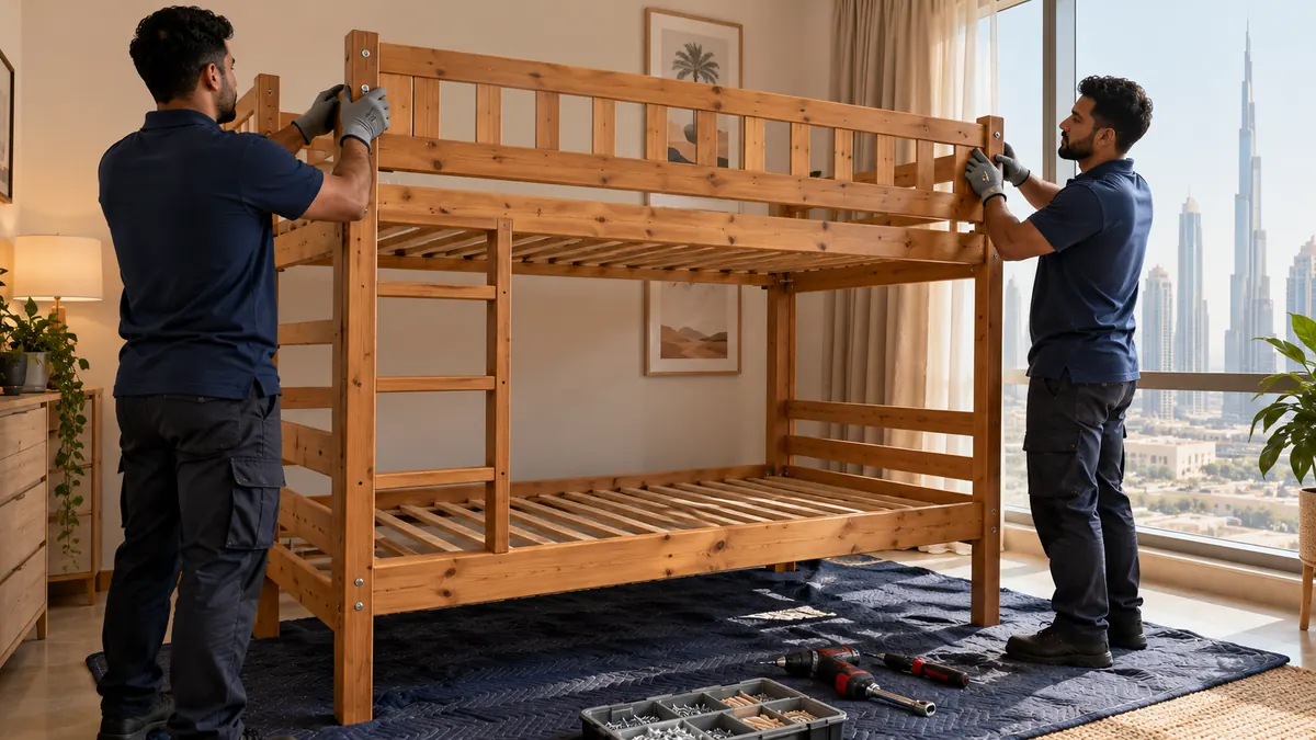 How to Dispose of a Bunk Bed in Dubai: Rails, Ladders and Safe Dismantling Two uniformed movers dismantling a wooden bunk bed in a bright Dubai apartment bedroom