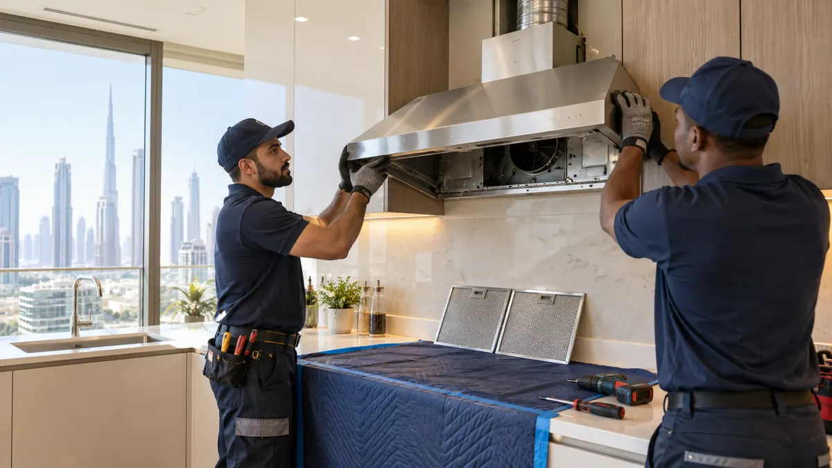How to Dispose of a Cooker Hood in Dubai: Wiring, Ducts and Grease Filters Two uniformed technicians carefully lowering a stainless-steel cooker hood in a Dubai apartment kitchen