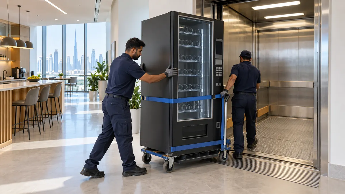 How to Dispose of a Vending Machine in Dubai: Stock, Payments and Heavy Access Two uniformed movers guiding an empty vending machine into a Dubai office freight lift