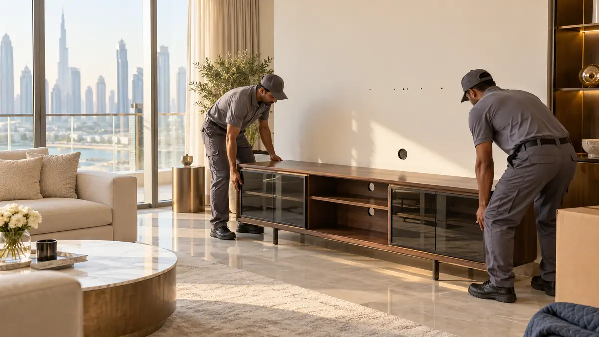 How to Dispose of a TV Stand in Dubai: Glass Shelves, Cables and Safe Collection Clearance crew preparing a wooden TV stand with glass doors for removal from a Dubai apartment