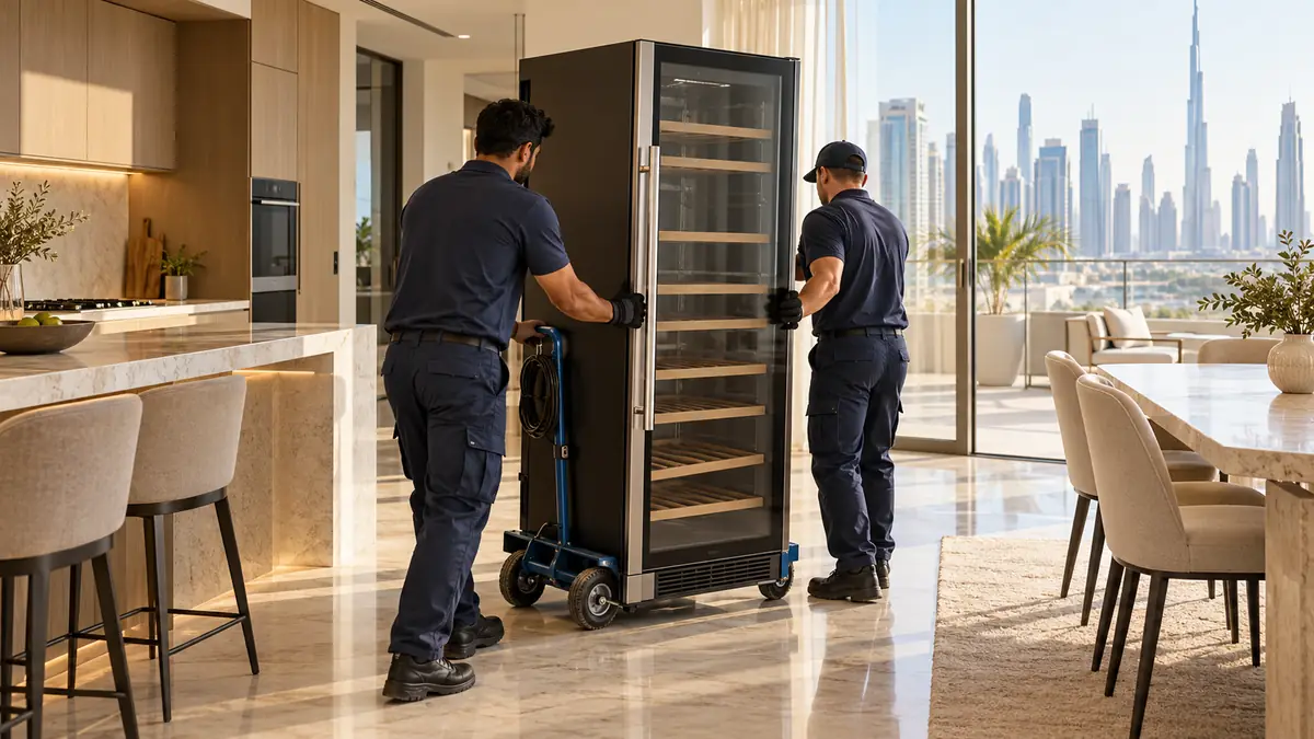 How to Dispose of a Wine Cooler in Dubai: Glass Doors, Racks and Refrigerant Crew moving an empty glass-door wine cooler upright on an appliance trolley in a Dubai home