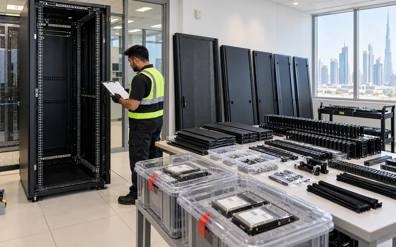 IT technician inventorying an empty server rack with panels and storage drives kept in controlled containers