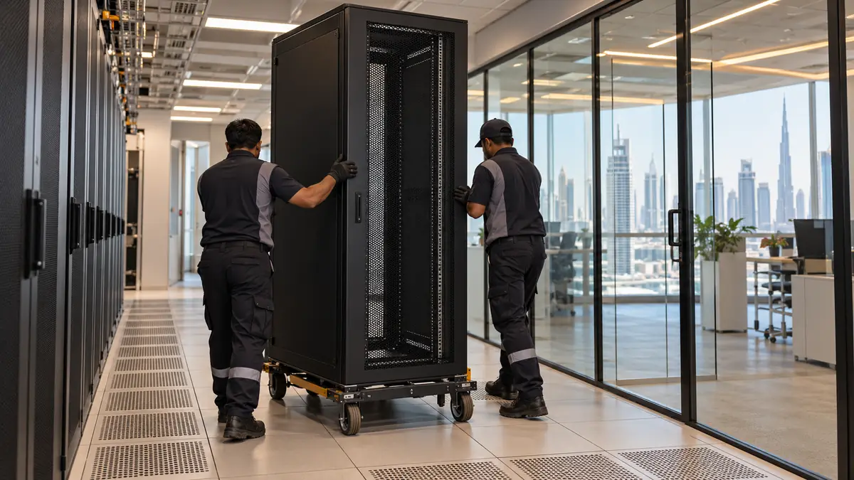 How to Dispose of a Server Rack in Dubai: Data, Cabling and Heavy Access Specialist crew moving an empty network server rack on a heavy-duty trolley through a Dubai office