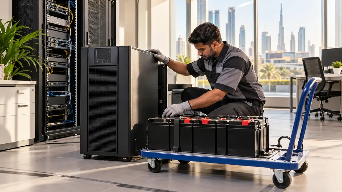 How to Dispose of a UPS and Backup Batteries in Dubai: Shutdown, Battery Safety and IT Handover Technician inspecting a UPS and sealed backup batteries on a trolley in a Dubai office IT room