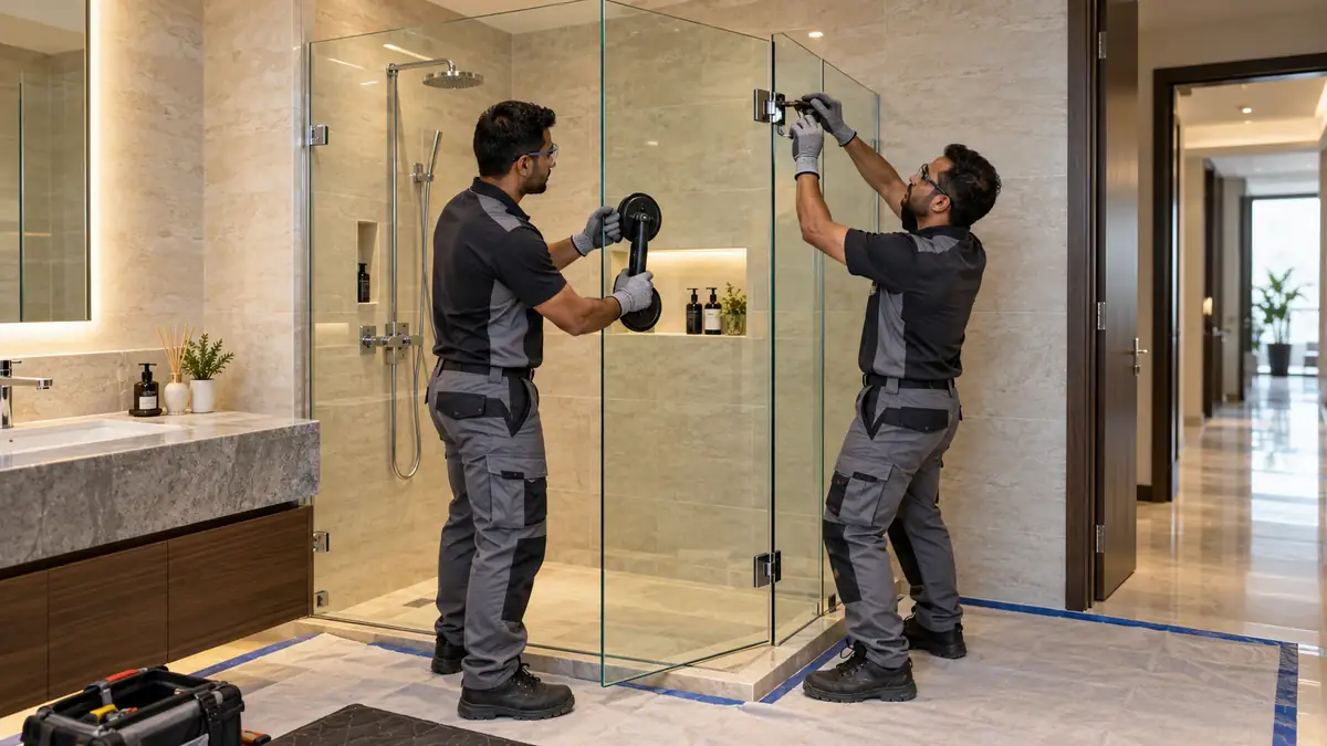 How to Dispose of a Shower Enclosure in Dubai: Tempered Glass, Fixings and Handover Repairs Two technicians supporting a frameless glass shower door during removal in a Dubai apartment bathroom