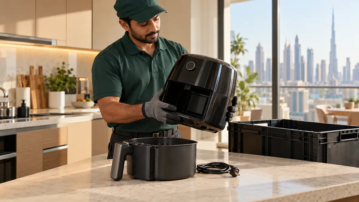 How to Dispose of an Air Fryer in Dubai: Grease, Baskets and Small-Appliance Recycling Worker inspecting an unplugged air fryer and removable basket in a Dubai apartment kitchen