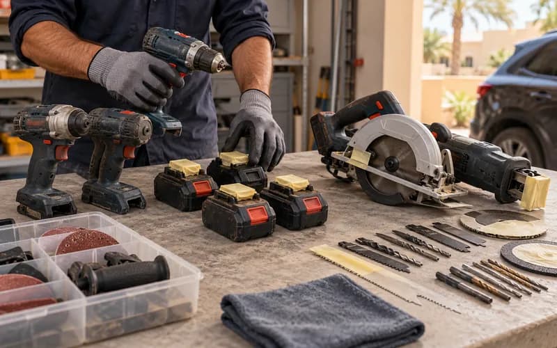 Cordless power tools, guarded blades and isolated battery packs sorted on a garage workbench
