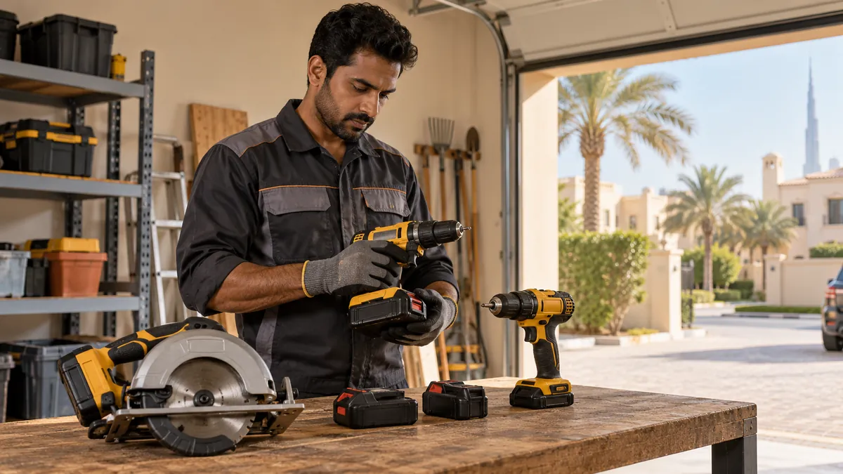 How to Dispose of Old Power Tools in Dubai: Batteries, Blades and Workshop Clear-Outs Technician inspecting cordless drills, a circular saw and battery packs in a Dubai villa garage