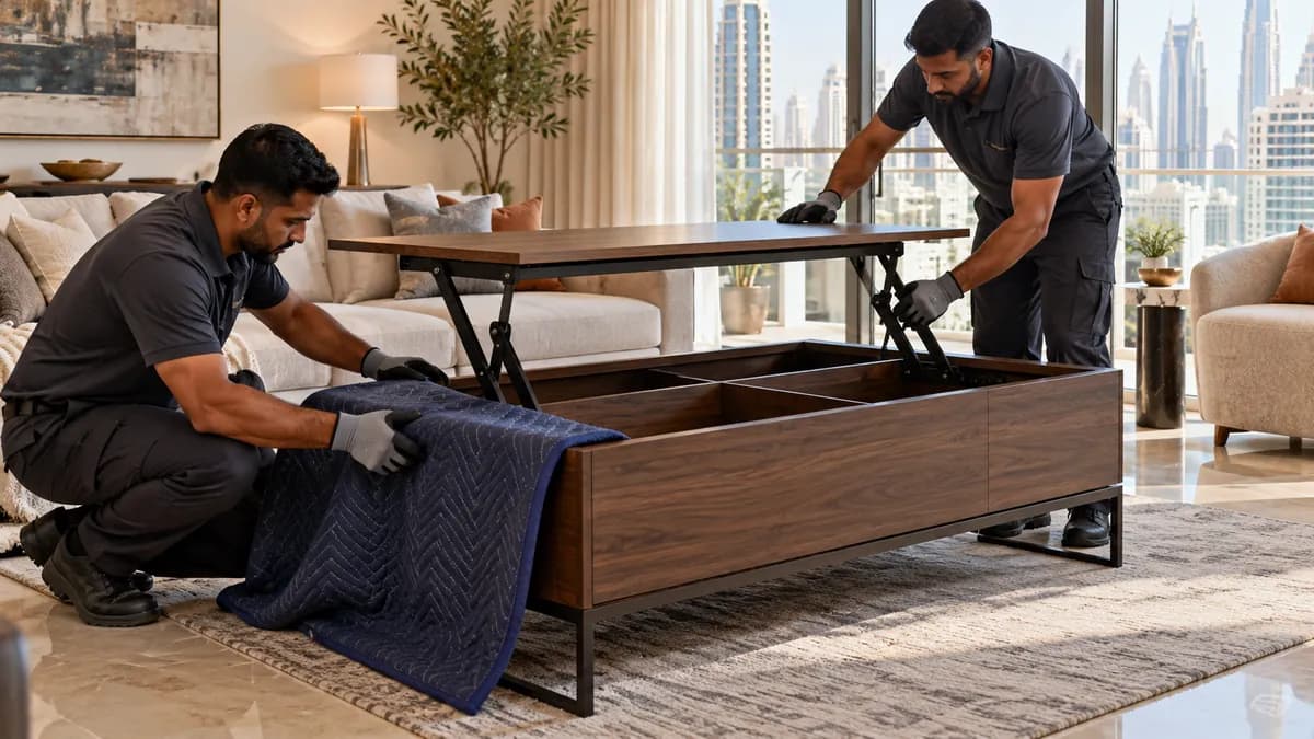 How to Dispose of a Coffee Table in Dubai: Glass Tops, Stone and Lift Mechanisms Two technicians securing a lift-top coffee table in a bright Dubai apartment living room