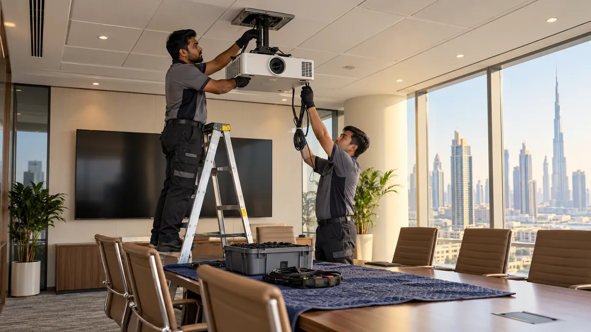 How to Dispose of an Office Projector in Dubai: Lamps, Ceiling Mounts and Data Technicians safely supporting a ceiling-mounted projector in a Dubai office meeting room