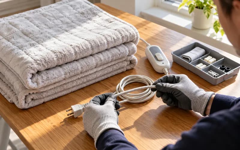 Folded electric blanket and detachable controller separated while a technician checks the power cable