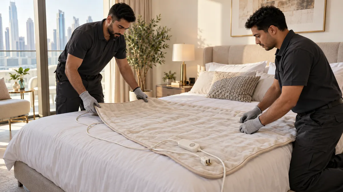 How to Dispose of an Electric Blanket in Dubai: Controls, Cords and Textile Waste Removal technicians inspecting an unplugged electric blanket in a bright Dubai apartment bedroom