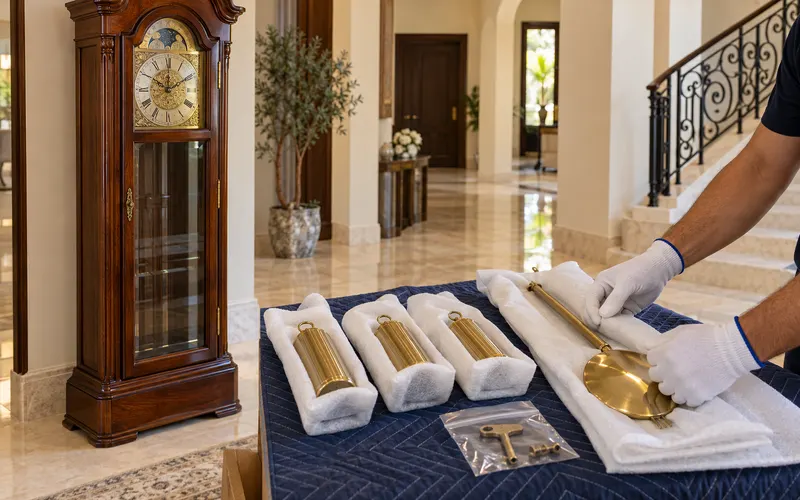 Grandfather clock weights and pendulum individually wrapped beside an upright wooden clock cabinet