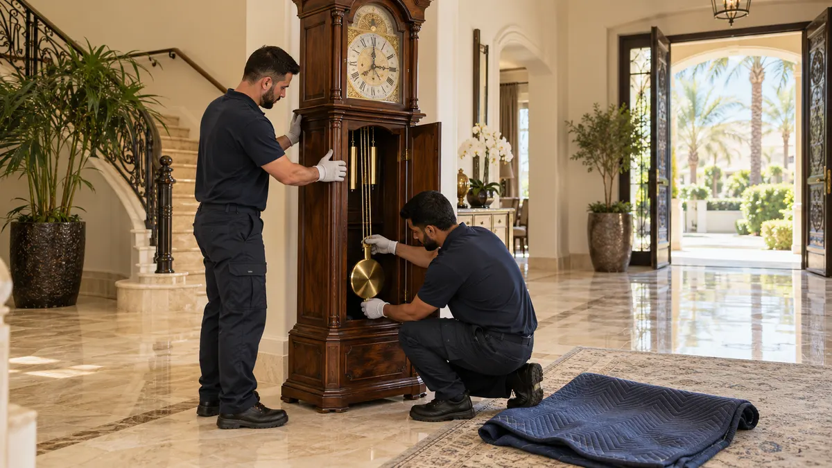 How to Dispose of a Grandfather Clock in Dubai: Weights, Glass and Upright Moving Technicians removing the pendulum from a tall grandfather clock in a Dubai villa