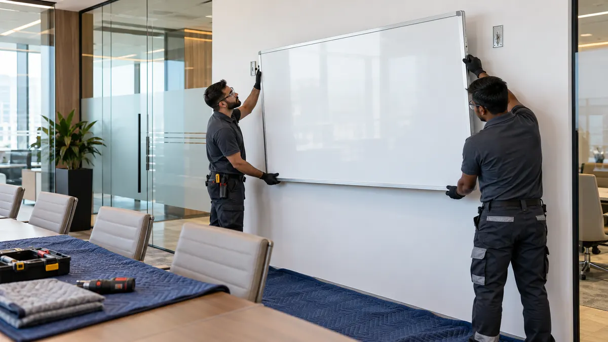How to Dispose of an Office Whiteboard in Dubai: Fixings, Glass and Fit-Out Handover Facilities technicians supporting a large wall-mounted whiteboard in a modern Dubai office