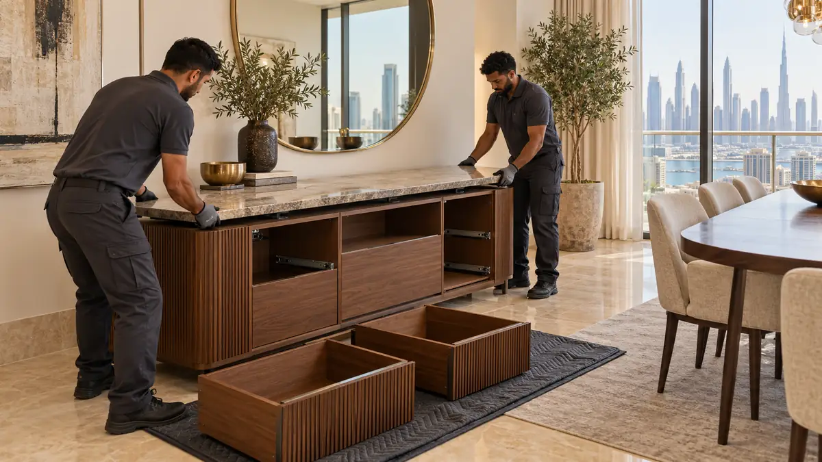 How to Dispose of a Sideboard in Dubai: Tops, Glass and Safe Moving Clearance crew removing a stone top from a wooden sideboard in a Dubai dining room