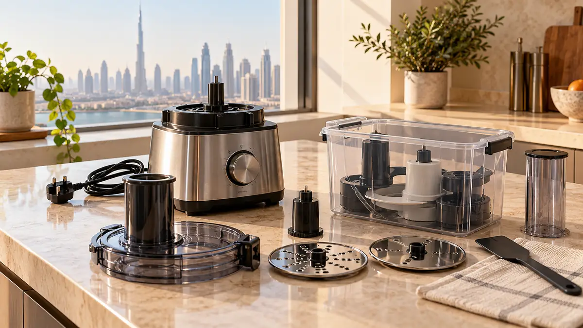How to Dispose of a Food Processor in Dubai: Blades, Bowls and E-Waste Unplugged food processor and sorted accessories on a bright Dubai kitchen counter