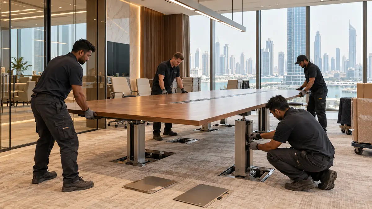 How to Dispose of a Conference Table in Dubai: Power, Tops and Access Facilities crew dismantling a long conference table in a premium Dubai office