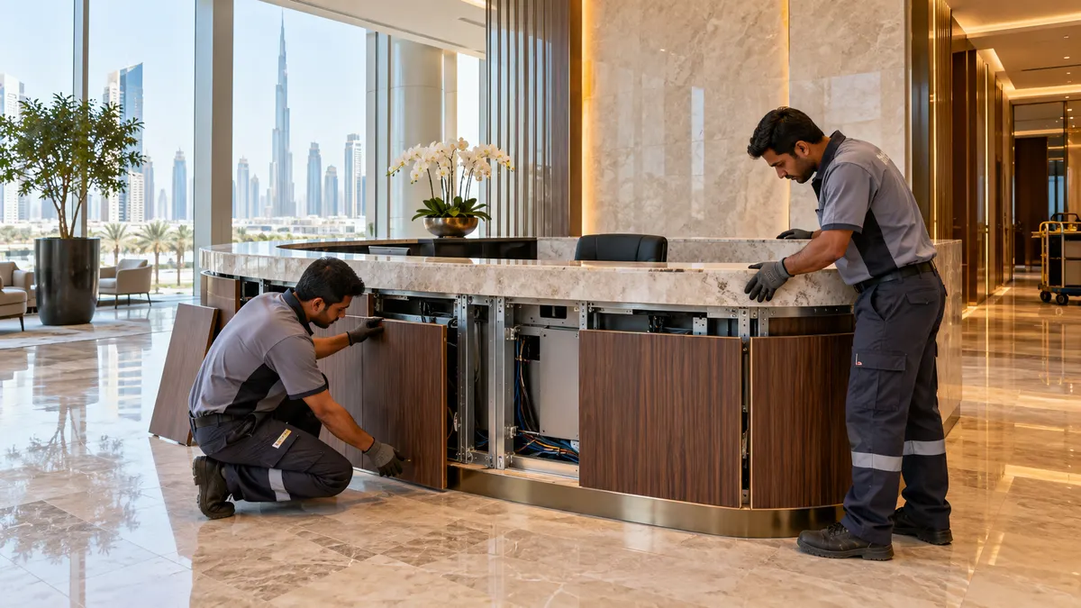 How to Dispose of a Reception Desk in Dubai: Counters, Cables and Access Facilities crew inspecting a curved reception desk before dismantling it in a Dubai office lobby