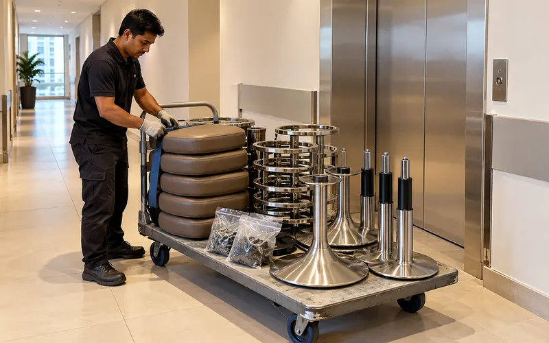 Padded bar stool seats, intact gas-lift columns and sorted metal bases on a trolley