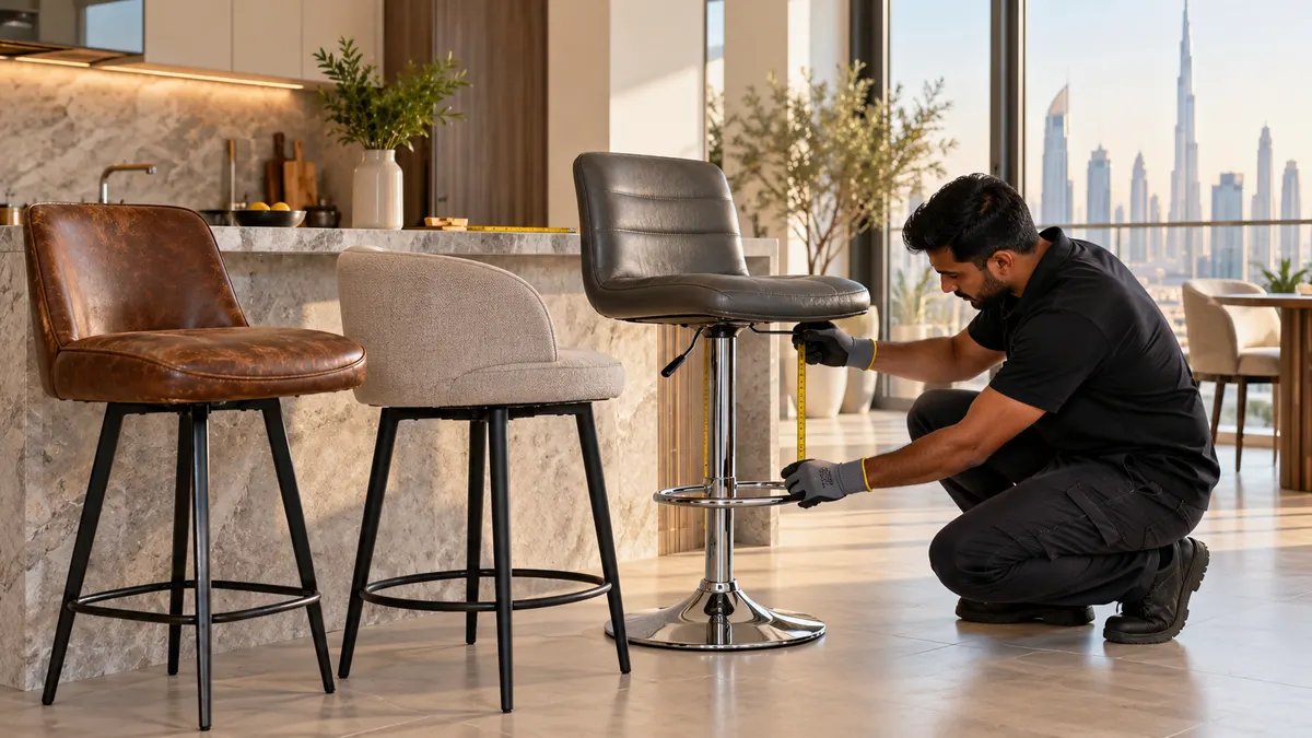 How to Dispose of Bar Stools in Dubai: Gas Lifts, Seats and Metal Bases Worker inspecting adjustable bar stools beside a kitchen island in a Dubai apartment