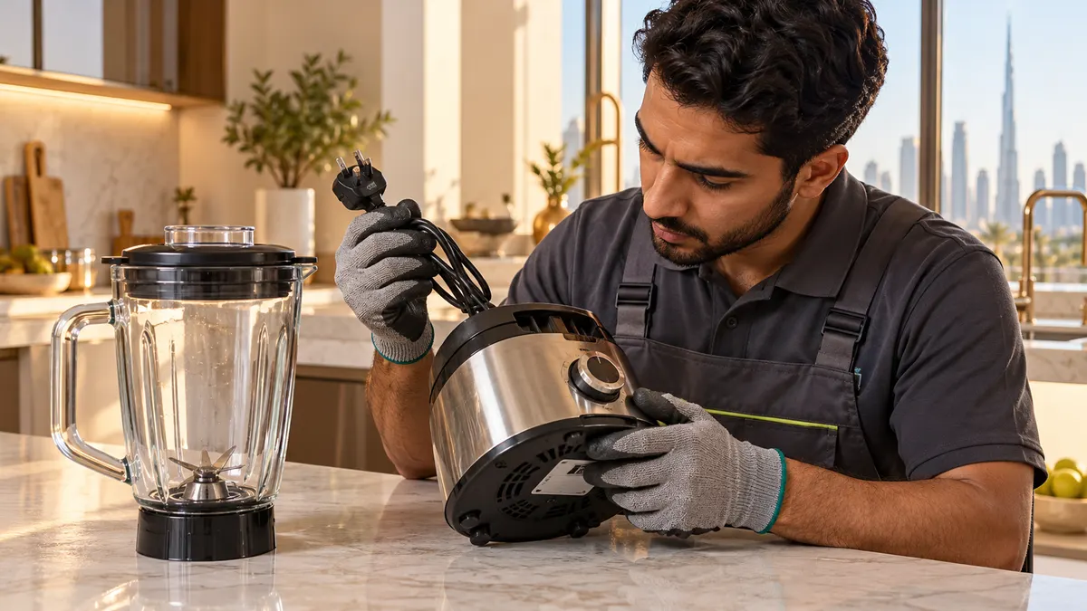 How to Dispose of a Blender in Dubai: Blades, Jugs and Motor Bases Worker checking an unplugged blender motor base and glass jug in a Dubai kitchen