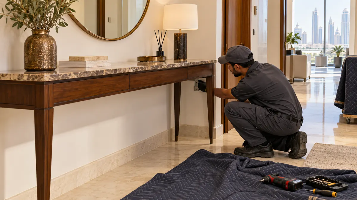How to Dispose of a Console Table in Dubai: Tops, Anchors and Access Clearance worker checking the wall restraint on a wooden console table in a Dubai apartment foyer