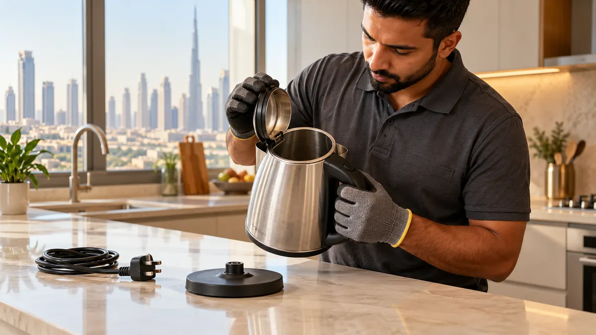 How to Dispose of an Electric Kettle in Dubai: Water, Bases and E-Waste Worker inspecting an empty unplugged electric kettle and separate power base in a Dubai kitchen