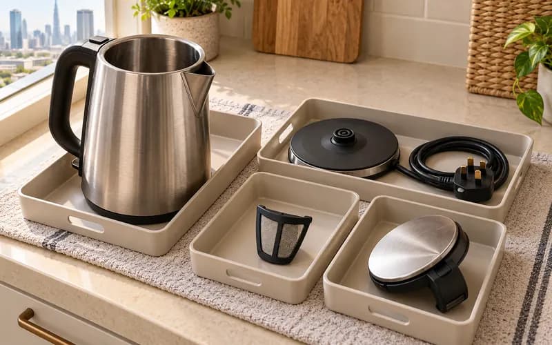 Empty electric kettle, power base, lid and filter separated into dry trays for collection