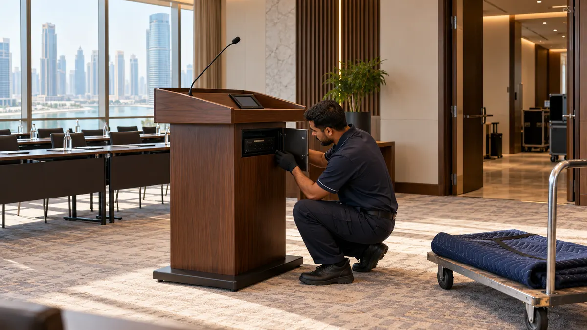 How to Dispose of an Office Lectern in Dubai: AV, Cables and Access Facilities worker inspecting the AV compartment of a wooden lectern in a Dubai conference room