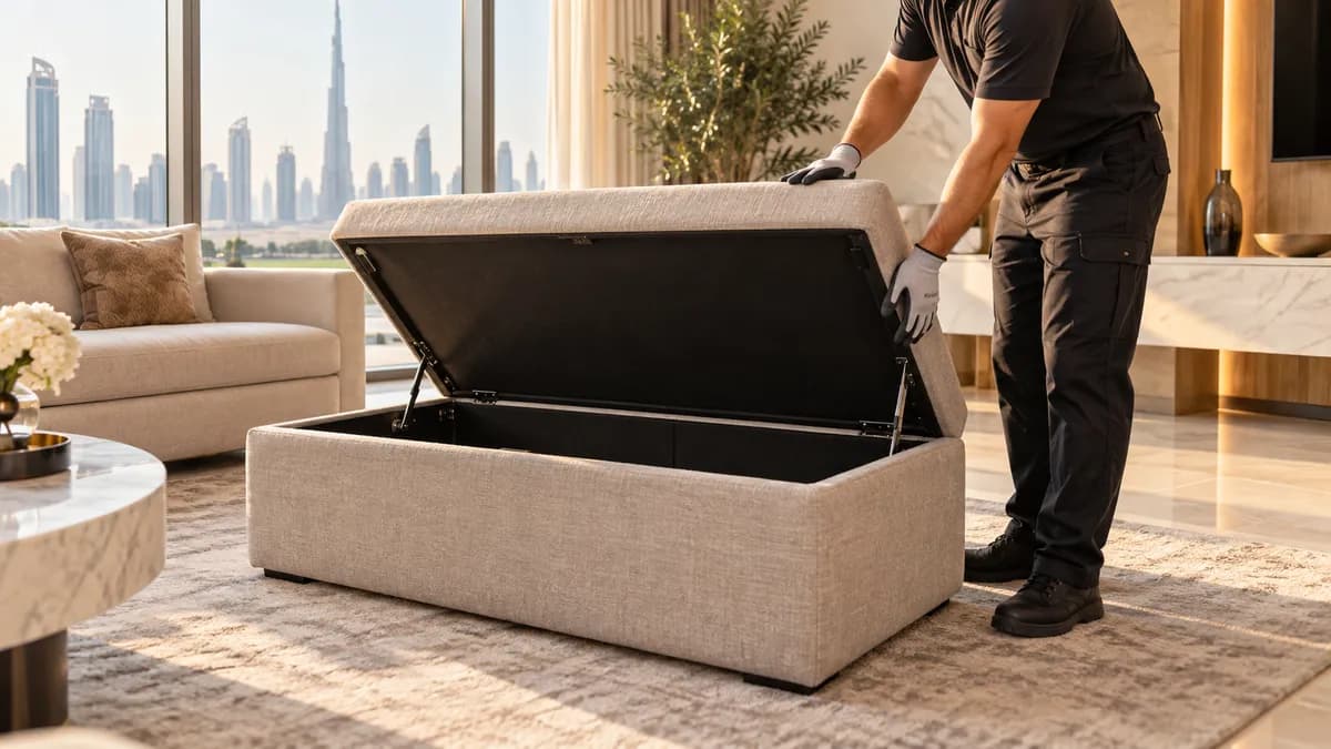 How to Dispose of a Storage Ottoman in Dubai: Hinges, Upholstery and Safe Lifting Clearance worker inspecting the hinged lid of an empty storage ottoman in a Dubai apartment
