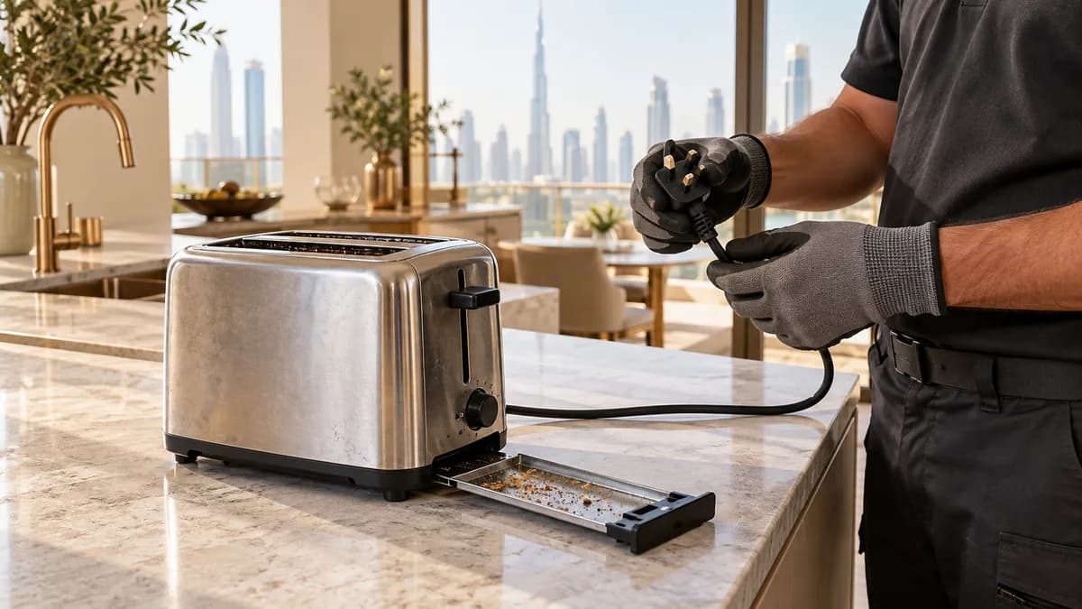 How to Dispose of a Toaster in Dubai: Crumbs, Heat and Small-Appliance Recycling Worker checking the plug of an unplugged toaster with its crumb tray removed in a Dubai kitchen
