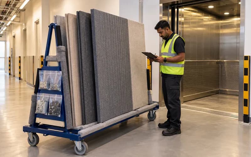Reusable acoustic felt panels stored upright with labelled fixings beside a Dubai commercial service lift