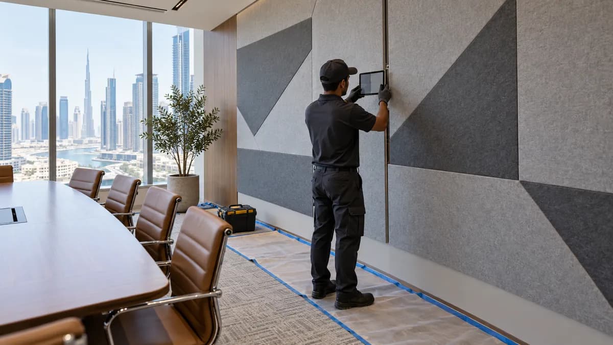 How to Dispose of Office Acoustic Panels in Dubai: Fixings, Adhesive and Fit-Out Handover Facilities worker inspecting the fixing edge of acoustic wall panels in a Dubai office meeting room