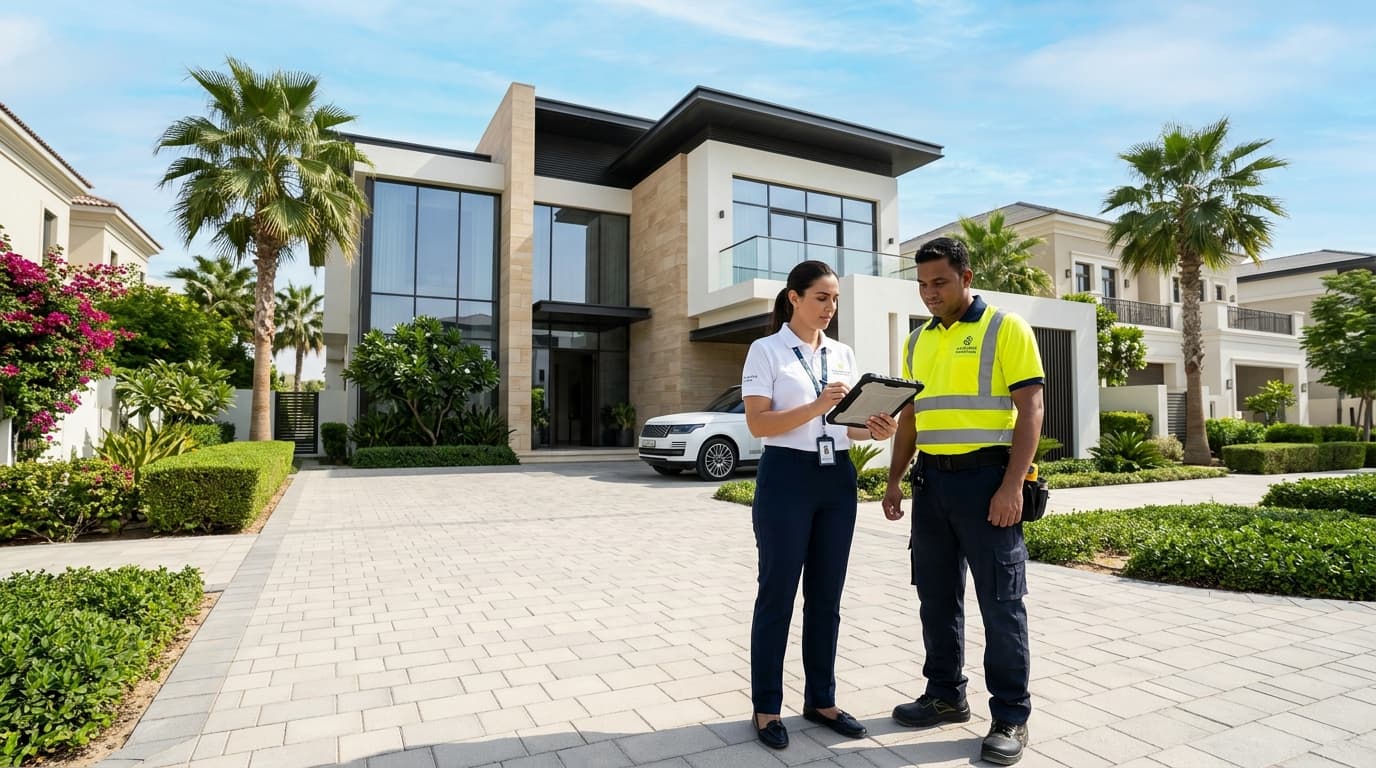 Villa Handover Guide for Dubai Landlords & Tenants: Avoiding Penalty Deductions Property inspector and clearance team reviewing handover inspection checklist outside a luxury Dubai villa