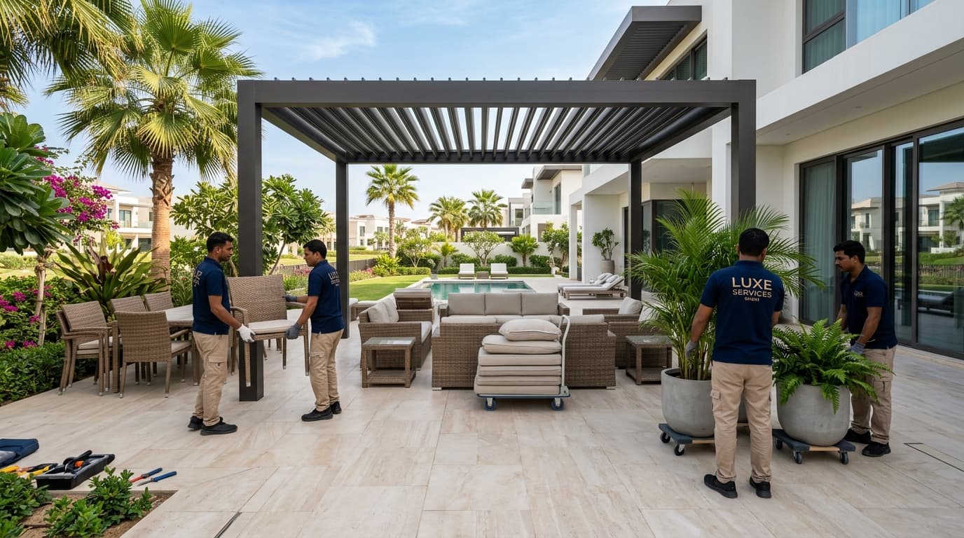 Uniformed clearance crew lifting rattan patio furniture and moving planters on trolleys from a Dubai villa terrace under a pergola