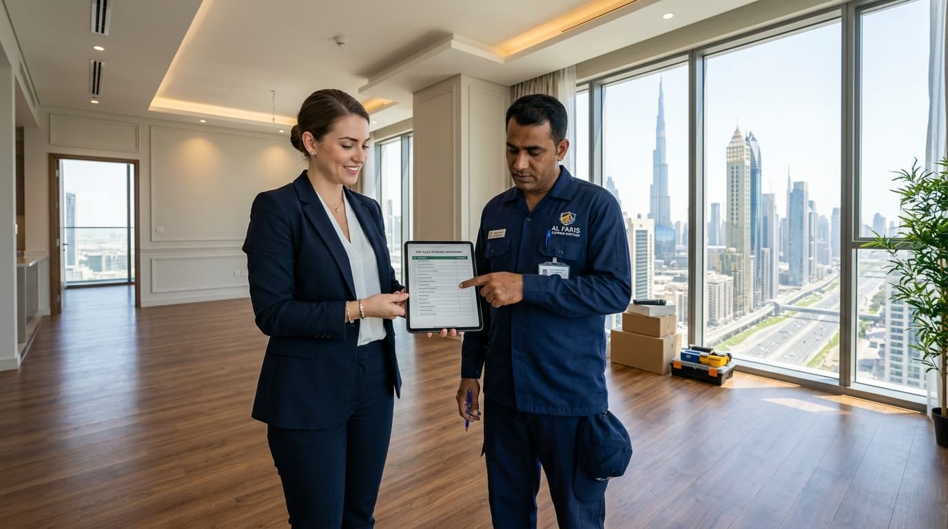 Property Clearance for Landlords & Real Estate Agents in Dubai Real estate agent and professional clearance supervisor reviewing property inventory checklist in a vacant Dubai apartment