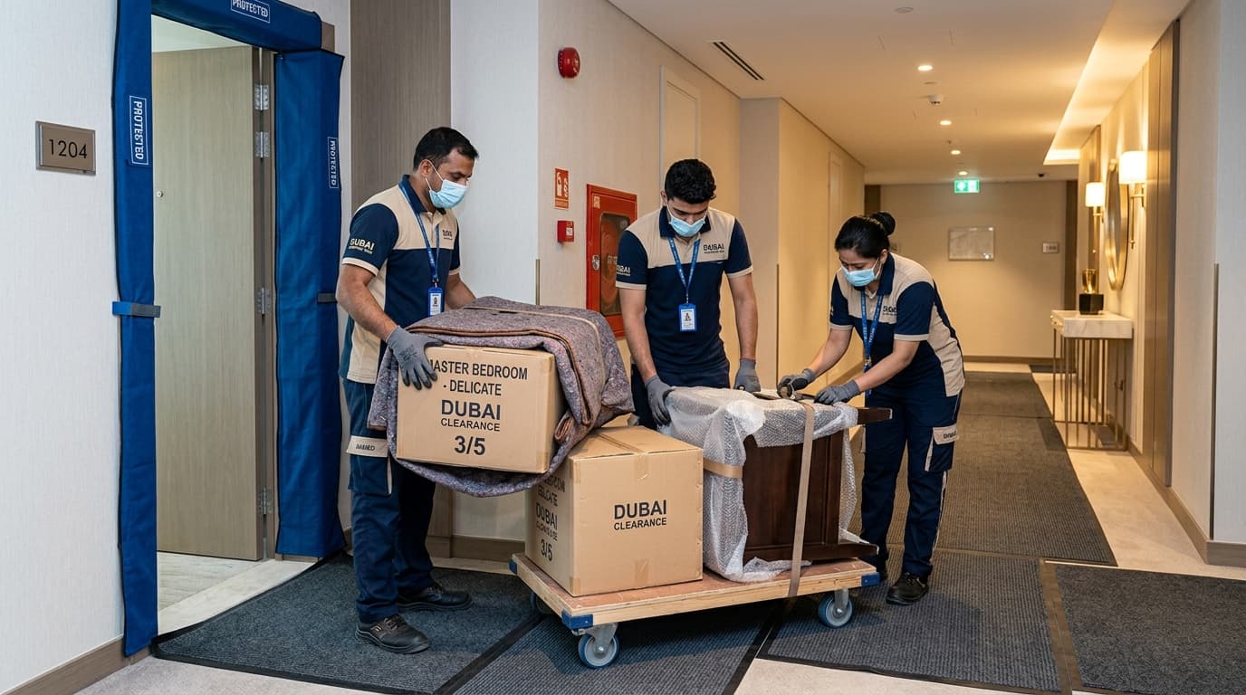 Uniformed clearance crew moving padded furniture and boxes down an apartment hallway with door and floor protectors