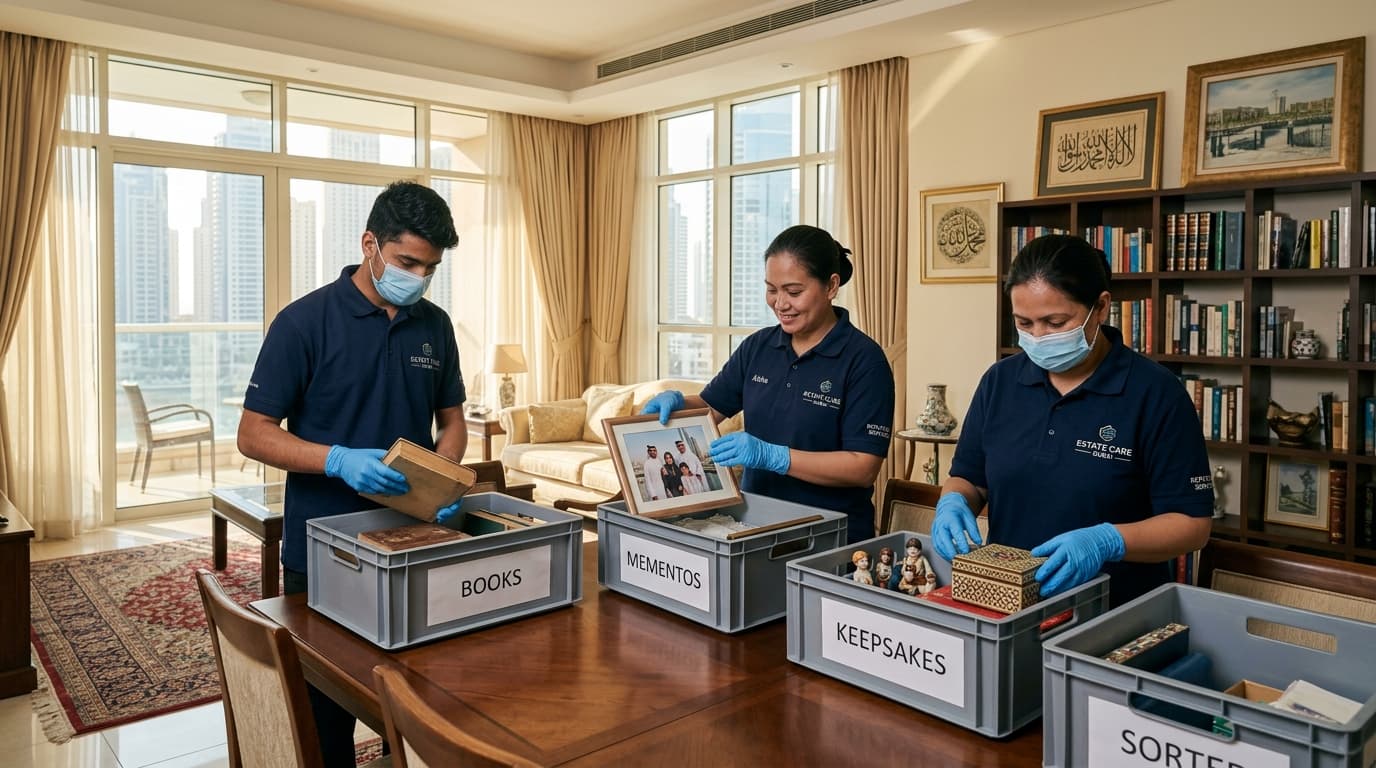 Compassionate Deceased Estate & Hoarder Clearance in Dubai Compassionate and respectful clearance crew sorting family keepsakes and books into labeled storage crates in a Dubai residence