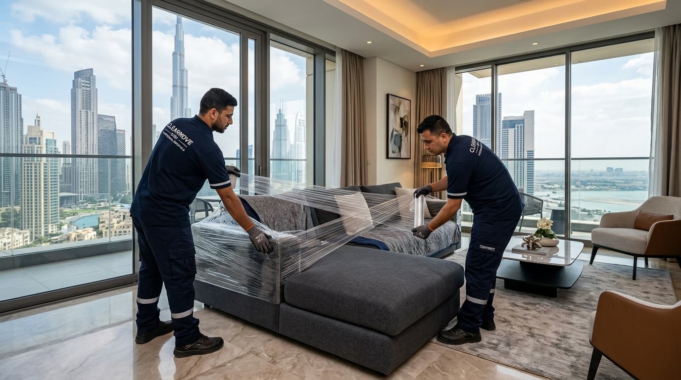 How to Dispose of a Recliner Chair in Dubai: Motors, Springs and Narrow Exits Two furniture-removal crew members wrapping a large upholstered sofa inside a high-rise Dubai apartment
