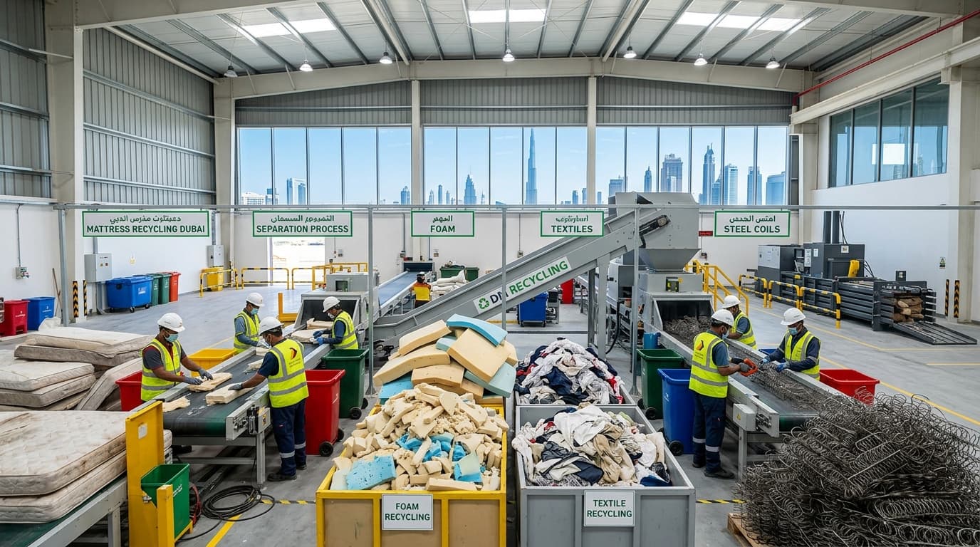 Workers at a Dubai recovery facility separating foam, textiles and steel coils into labelled recycling streams